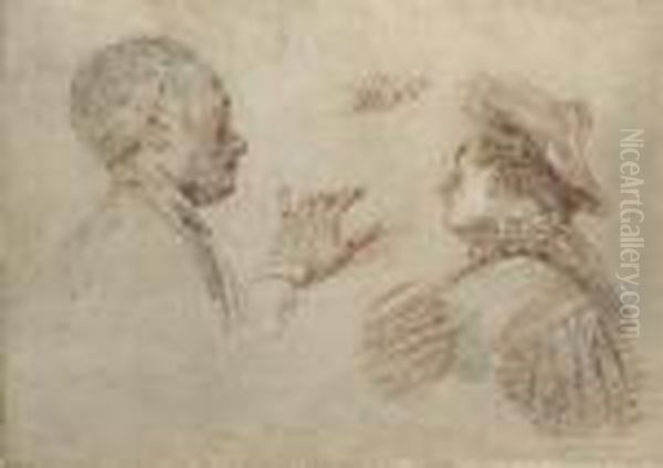 Two Men, Bust-length And Wearing Hats, With Subsidiary Studies Of Two Hands Oil Painting by Jean-Antoine Watteau