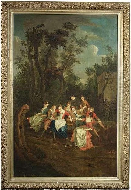 An Elegant Party In A Park. Oil/canvas/canvas Oil Painting by Jean-Antoine Watteau