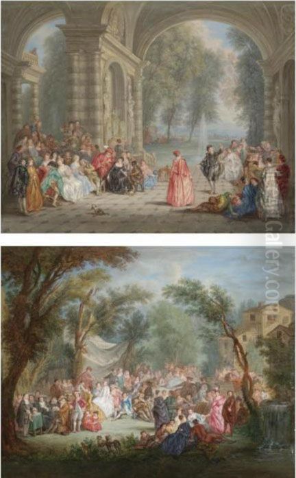 A Palace Loggia With Figures Dancing; A Wedding Ceremony In A Wooded Landscape Oil Painting by Jean-Antoine Watteau