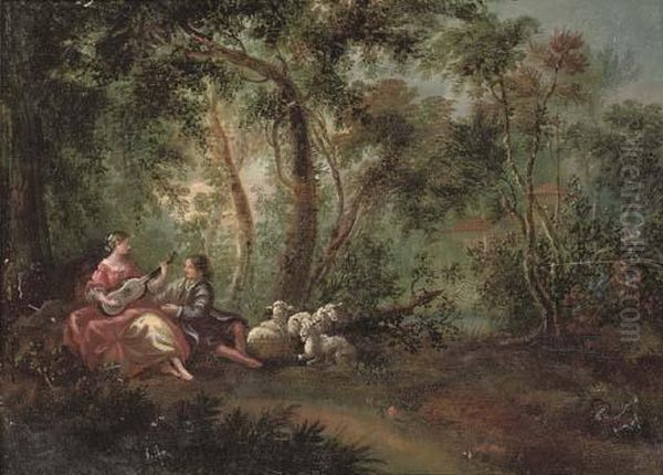 A Wooded River Landscape With A Shepherd And Shepherdess Making Music Oil Painting by Jean-Antoine Watteau