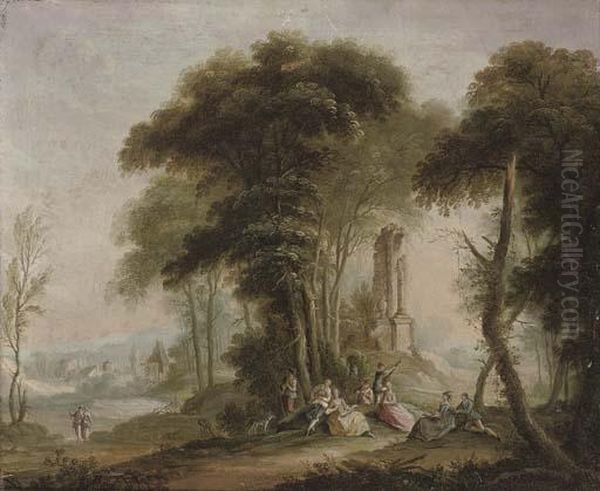 Elegant Company Making Music In A Landscape, A Village Beyond Oil Painting by Jean-Antoine Watteau