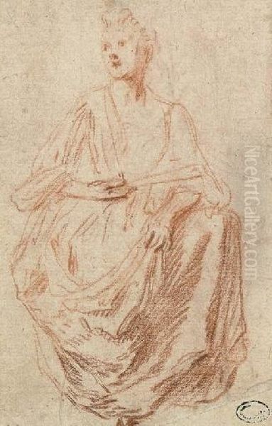 A Seated Woman Holding A Fan Oil Painting by Jean-Antoine Watteau