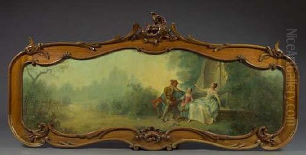 Largesupraporta Panel Depicting A
 Galants Scene, Oil On Canvas.presented In A Nicely Carved Mahogany 
Frame In The Louis Xv Taste,h. 32