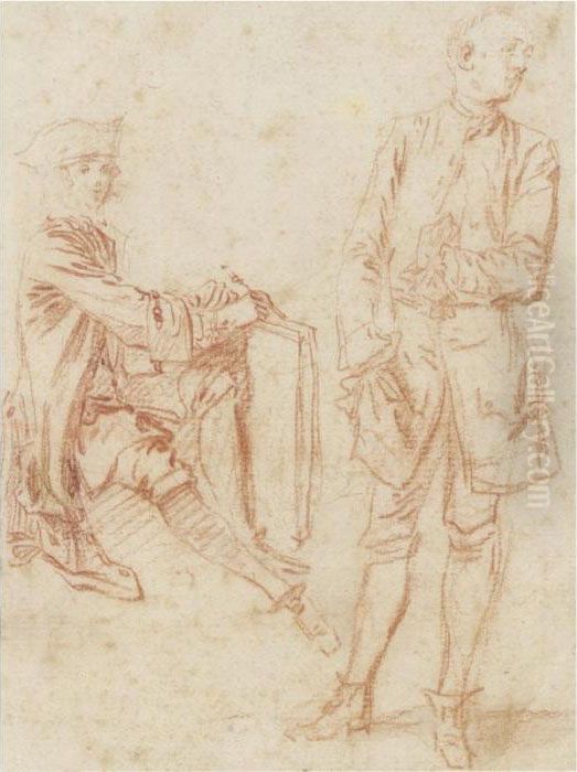Two Figures: A Draughtsman 
Seated Holding A Portfolio, Another Standing With His Hand In His Pocket Oil Painting by Jean-Antoine Watteau