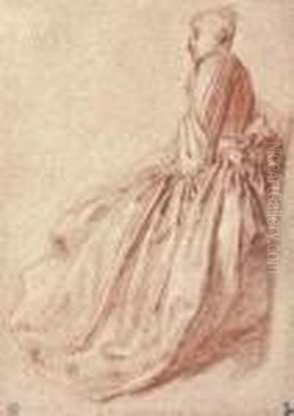 A Woman In A Long Dress, Seated In Profile To The Left Oil Painting by Jean-Antoine Watteau