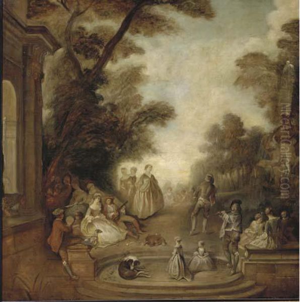 A Merry Company In A Park Landscape Oil Painting by Jean-Antoine Watteau