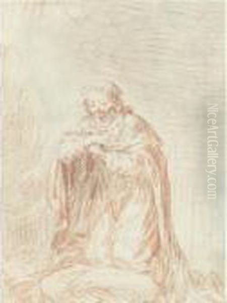 Recto: Man Kneeling In Prayer 
(saint Louis) Verso By Another Hand: Couple From Commedia Del' Arte Oil Painting by Jean-Antoine Watteau
