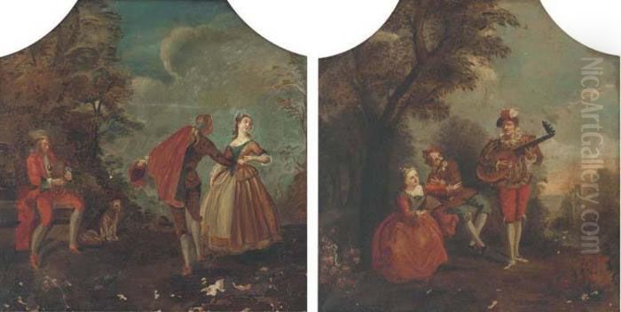 Elegant Company Making Music In A Landscape Oil Painting by Jean-Antoine Watteau