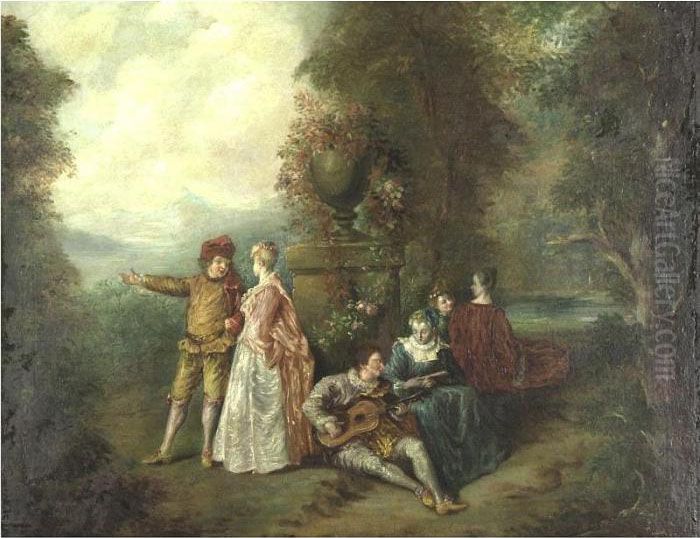 An Elegant Musical Party Oil Painting by Jean-Antoine Watteau
