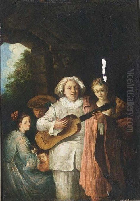 Gilles And His Family Making Music Oil Painting by Jean-Antoine Watteau
