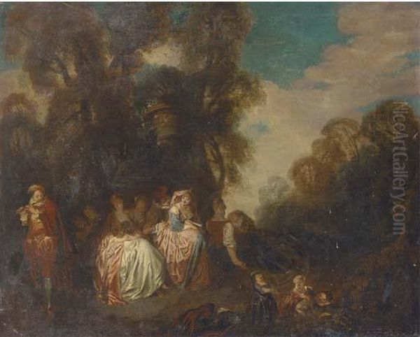 A Fete Champetre With Elegant Company Listening To Music Oil Painting by Jean-Antoine Watteau