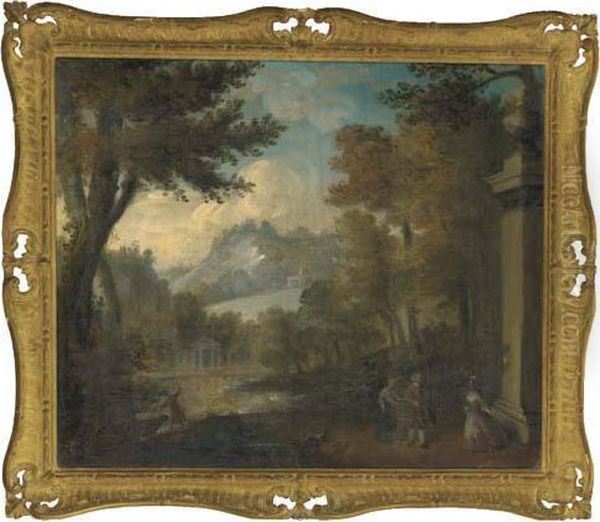 A Wooded Landscape With Elegant Company By A Lake Oil Painting by Jean-Antoine Watteau