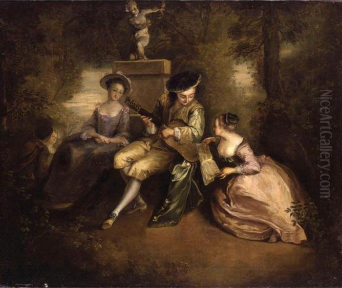 An Elegant Young Man Playing A Guitar With Two Ladies In A Parkland Setting Oil Painting by Jean-Antoine Watteau