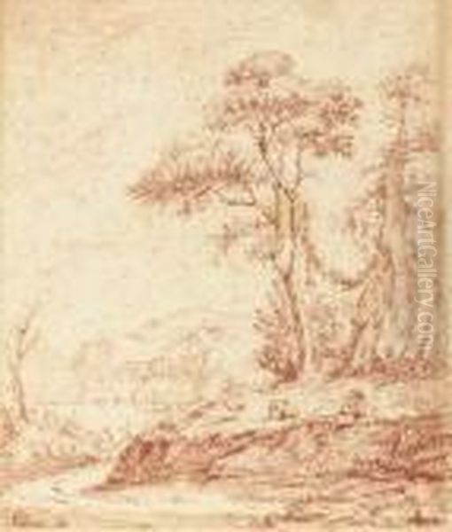 A Shepherd And His Sheep In A Wooded River Landscape, A Small Town In The Distance Oil Painting by Jean-Antoine Watteau