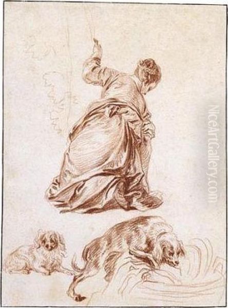 A Kneeling Woman, After Veronese, And Two Studies Of Dogs, One After Rubens Oil Painting by Jean-Antoine Watteau