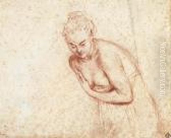 A Female Nude, Half-length, Leaning Forward, Her Arms Before Herbreasts Oil Painting by Jean-Antoine Watteau
