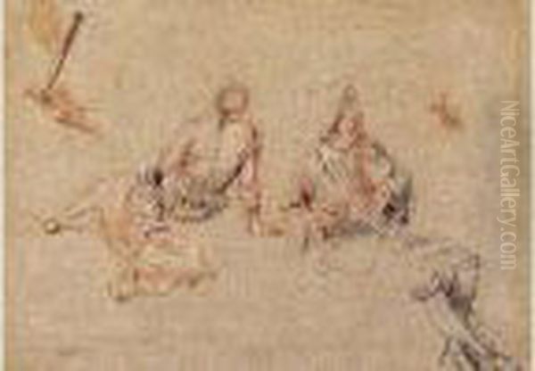 Feuille D'etudes : Oil Painting by Jean-Antoine Watteau