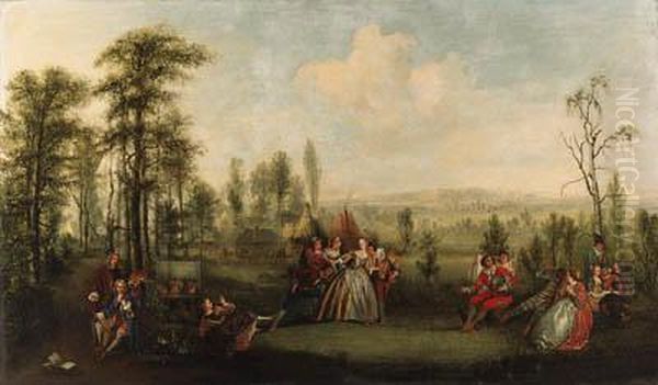 Blind Man's Buff, With The Artist At Work In The Foreground Oil Painting by Jean-Antoine Watteau