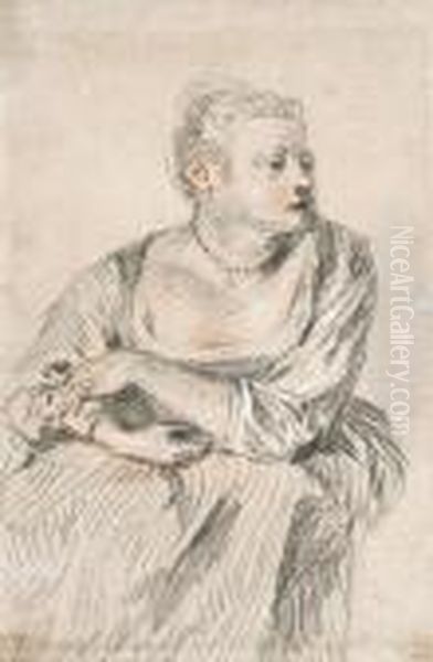A Seated Woman With A Generous Dcollet, Her Arms Folded On Her Lap,looking To The Right Oil Painting by Jean-Antoine Watteau