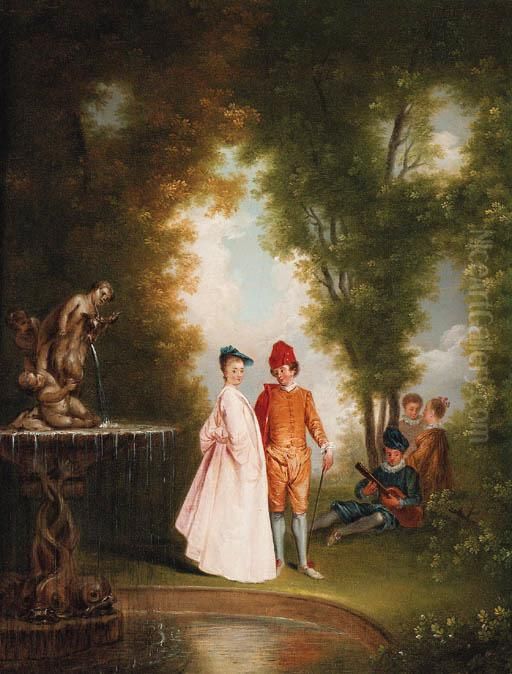 An Elegant Couple By A Sculpted Fountain Oil Painting by Jean-Antoine Watteau