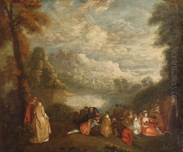 A Fte Champtre By A Lake Oil Painting by Jean-Antoine Watteau