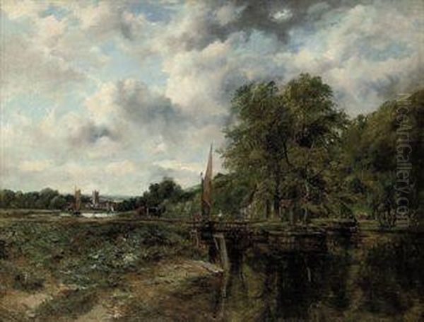 A Wooded River Landscape With 
Figure, Cattle And Horses By A Lock,a Church And Village Beyond Oil Painting by Frederick Waters Watts