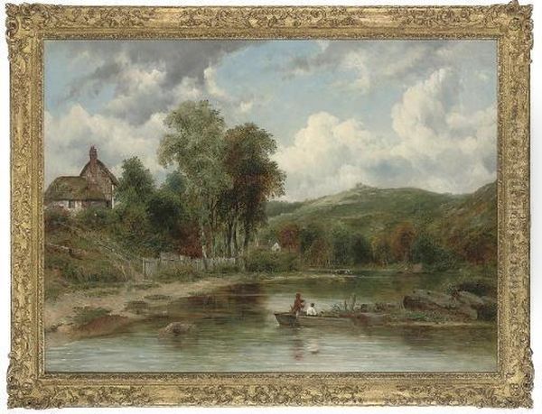 Wooded Landscape With Figures In A Boat, Cottages Beyond Oil Painting by Frederick Waters Watts