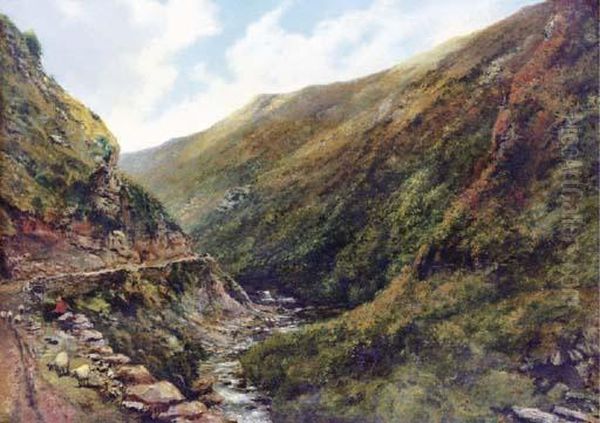 A Mountain Stream With A Shepherd And His Flock On A Path Oil Painting by Frederick Waters Watts