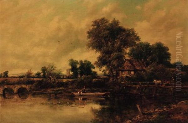 An Extensive Wooded River 
Landscape With Figures In A Punt And A Horse And Cart On A Bridge, A 
Village Beyond Oil Painting by Frederick Waters Watts