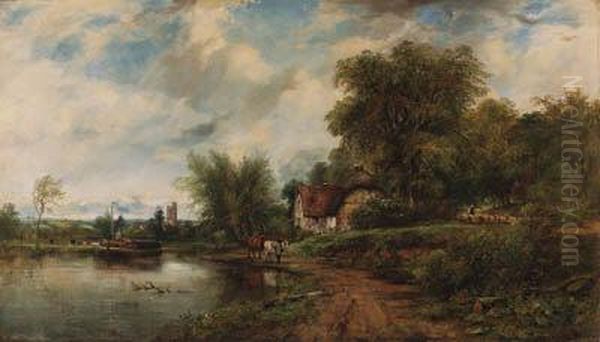 View Of Shepperton And St. 
Nicholas' Parish Church, With Sheppertonmanor House In The Foreground Oil Painting by Frederick Waters Watts