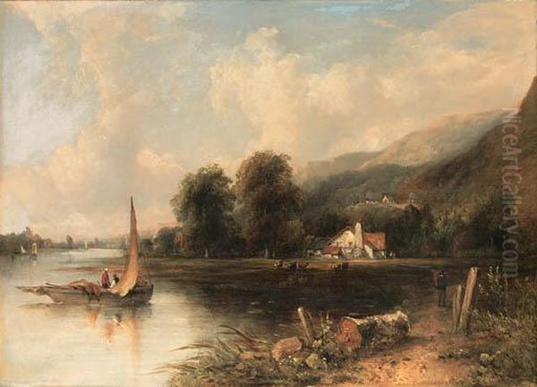 An Extensive Wooded River 
Landscape With Fishermen In Theforeground And Cattle And A Cottage 
Beyond Oil Painting by Frederick Waters Watts