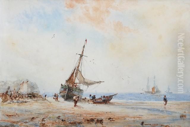 Figures And Fishing Boats On The Shore Oil Painting by George Weatherill