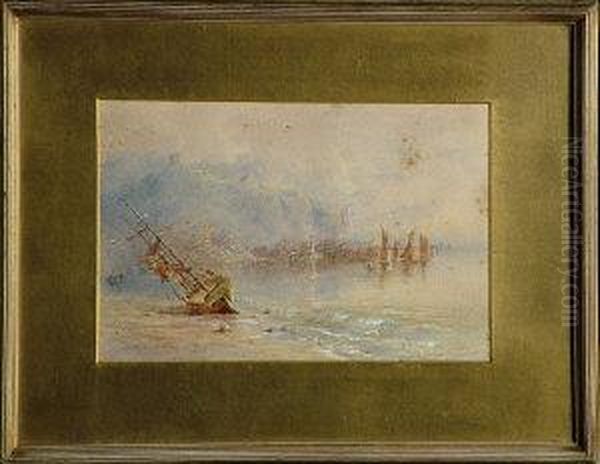 A Ship Aground On The Beach 
Before Scarborough With The Fishing Fleet And The Harbour In The 
Middle-distance. Oil Painting by George Weatherill