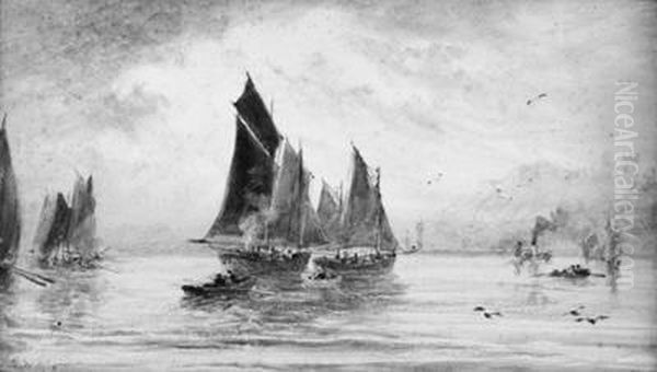 The Fishing Fleet Becalmed Off Whitby; And Unloading The Day'scatch Oil Painting by George Weatherill