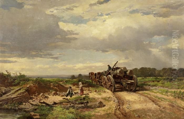 English Landscape With Horse-drawn Carriage Oil Painting by James Webb