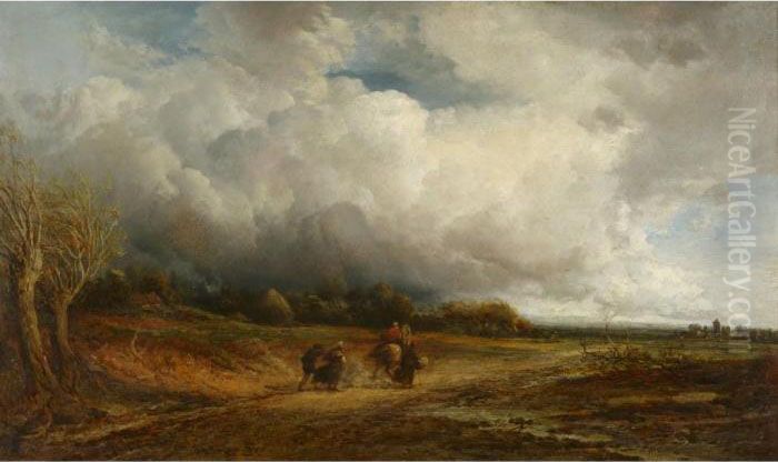 Travellers On A Country Road On A Windy Day Oil Painting by James Webb
