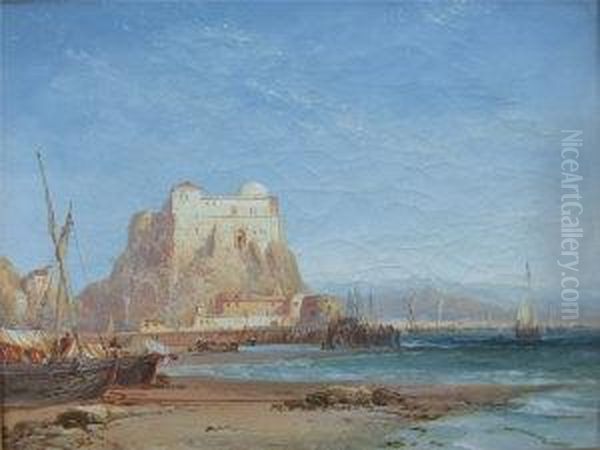 Webb, Oil On Canvas,spanish 
Landscape With Sea, Beach, Vessels And Building, Inscribedverso, 12ins X
 16ins Oil Painting by James Webb