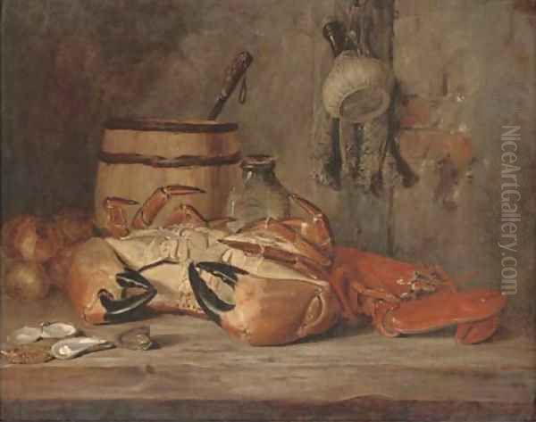 Crab, lobster and oysters with fish hanging to the side Oil Painting by Edward La Trobe Bateman
