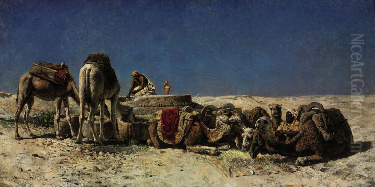 Camels Beside A Cistern Oil Painting by Edwin Lord Weeks