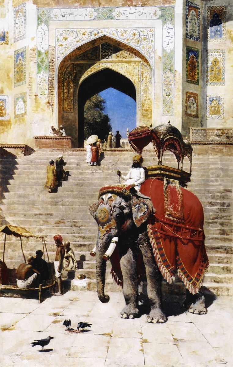 Royal Elephant At The Gateway To The Jami Masjid, Mathura Oil Painting by Edwin Lord Weeks