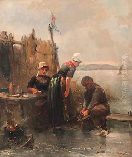 Binding skates at a koek-en-zopie, Marken Oil Painting by Jan Mari Henri Ten Kate