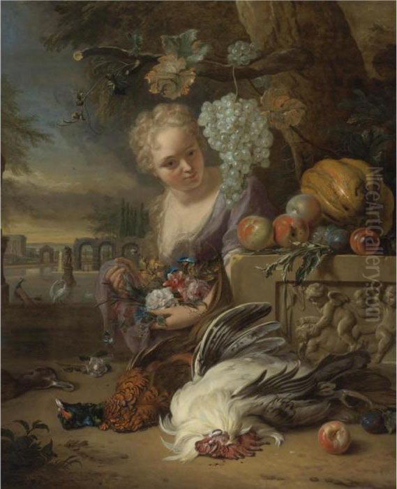 A Young Woman Kneeling And 
Holding Flowers In A Park Landscape, With Game And Fruit Resting On A 
Carved Stone Frieze Oil Painting by Jan Weenix