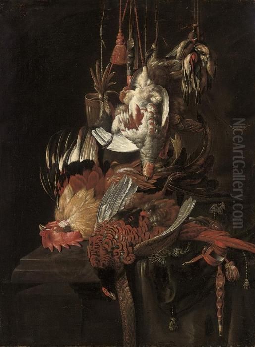 Still Life Of A Dead Pheasant 
And Other Birds, With Hawking Accoutrements, On A Draped Stone Ledge Oil Painting by Jan Weenix
