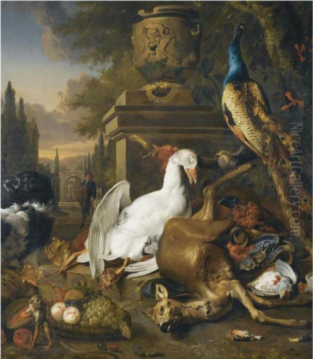 A Still Life With A Peacock, A 
Swan, A Deer, A Dog, A Monkey, Apheasant And Other Game Birds, Together 
With Grapes And Peaches Ina Basket, Before A Sculpted Urn On A Plinth, A
 Man Returning Fromthe Hunt Beyond Oil Painting by Jan Weenix
