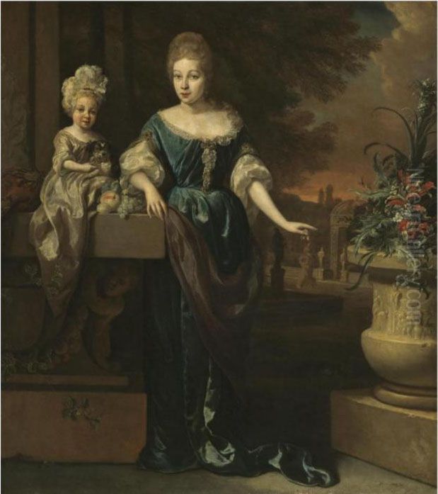 Portrait Of A Mother And Child 
On A Garden Terrace, Standing Besidean Urn Filled With Flowers Oil Painting by Jan Weenix
