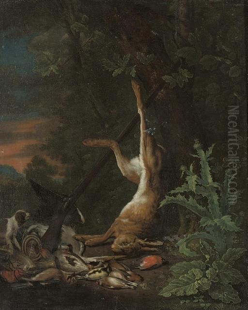 A Dead Hare And Other Game With A
 Pointer And A Rifle, In A Wooded Clearing, By A Thistle Oil Painting by Jan Weenix