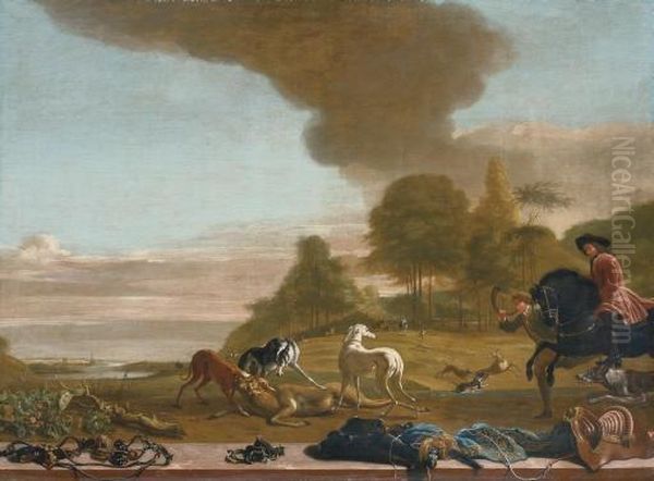 A Hunting Party In An Extensive 
Wooded Landscape With Riding Equipment On A Marble Ledge In The 
Foreground Oil Painting by Jan Weenix