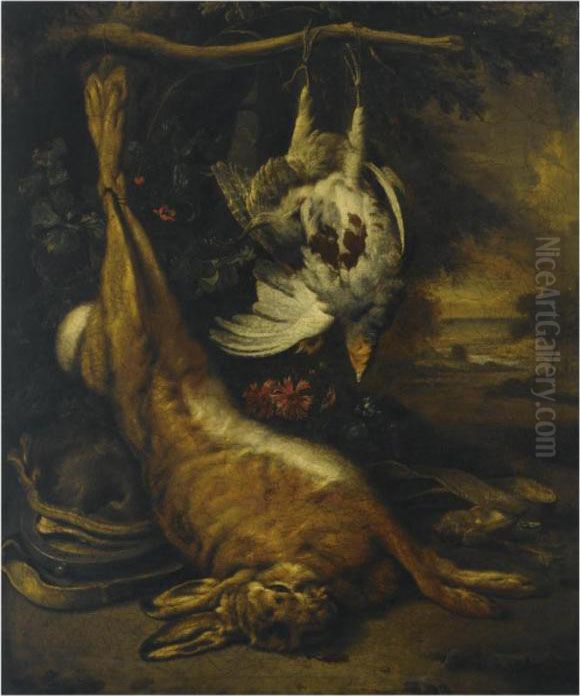 A Hunting Still Life With A 
Hare, Two Partridges And A Huntingbelt, In A Landscape Setting Oil Painting by Jan Weenix