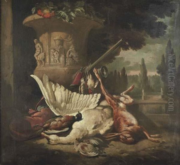 Dead Game With A Hare, A Swan, A
 Pheasant And Implements Of The Chase By An Urn, An Extensive Ornamental
 Garden Beyond Oil Painting by Jan Weenix