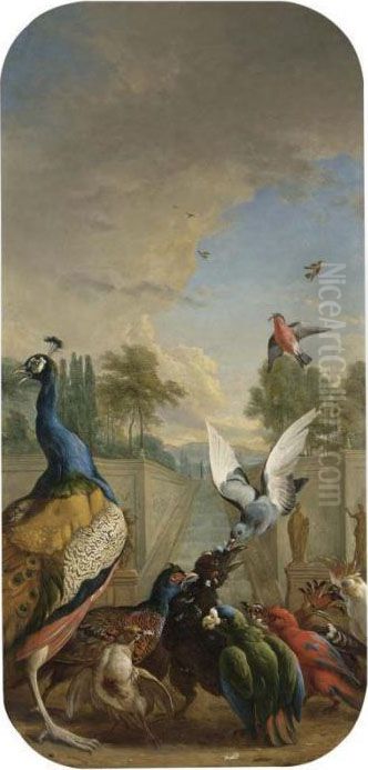 A Peacock, A Pheasant, A Parrot,
 A Cockatoo And Other Tropical Birds Assaulting A Crow In A Park 
Landscape; A Mallard And A Spaniel Besides A Lake In A Park Landscape Oil Painting by Jan Weenix